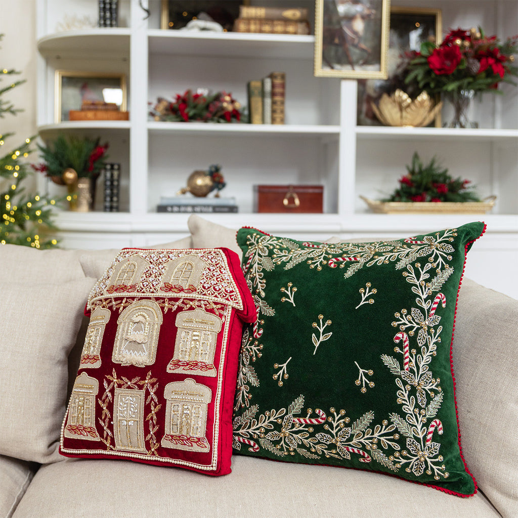 Holly & Candy Cane Christmas Cushion Cover Styled On Lounge