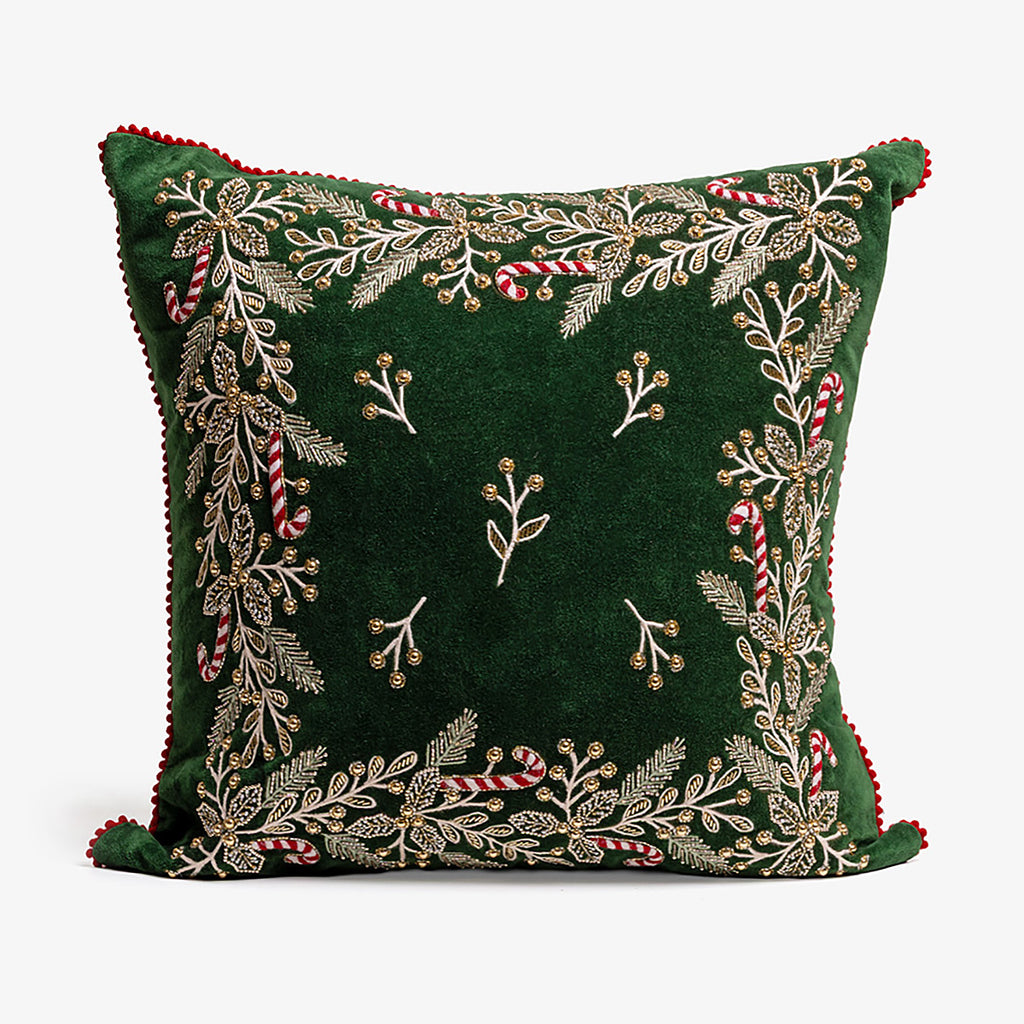 Holly & Candy Cane Christmas Cushion Cover