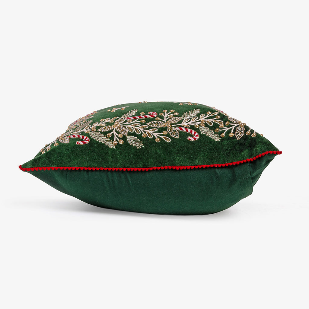 Holly & Candy Cane Christmas Cushion Cover Side View