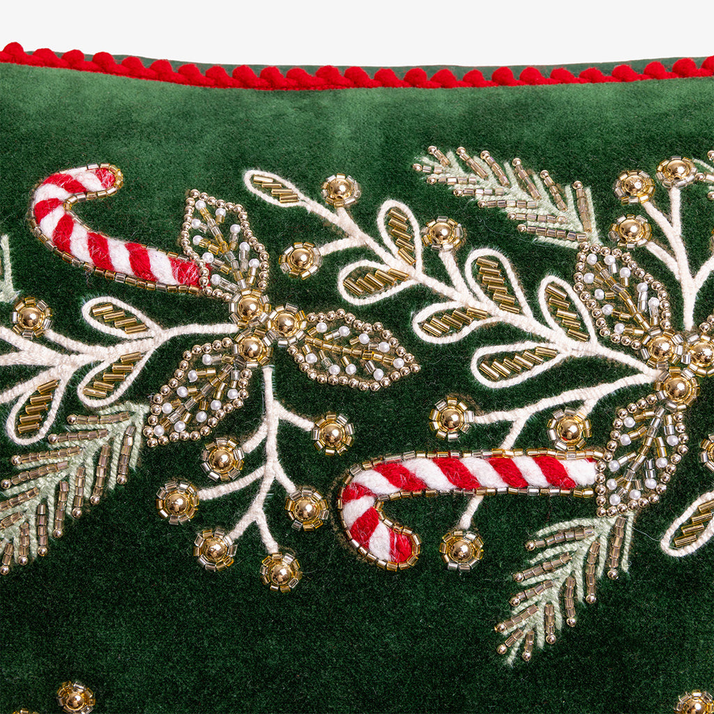 Holly & Candy Cane Christmas Cushion Cover Close Up