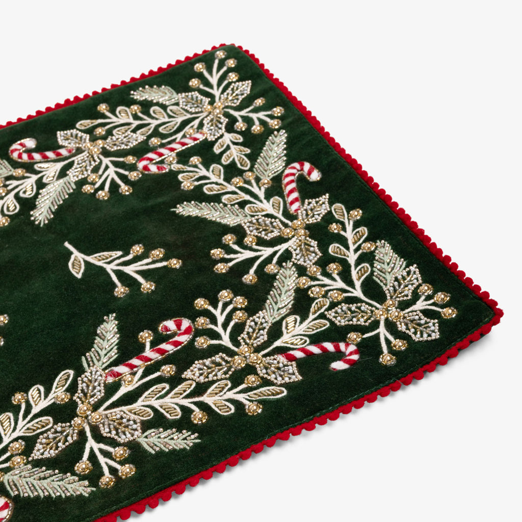 Holly & Candy Cane Velvet Table Runner Close Up