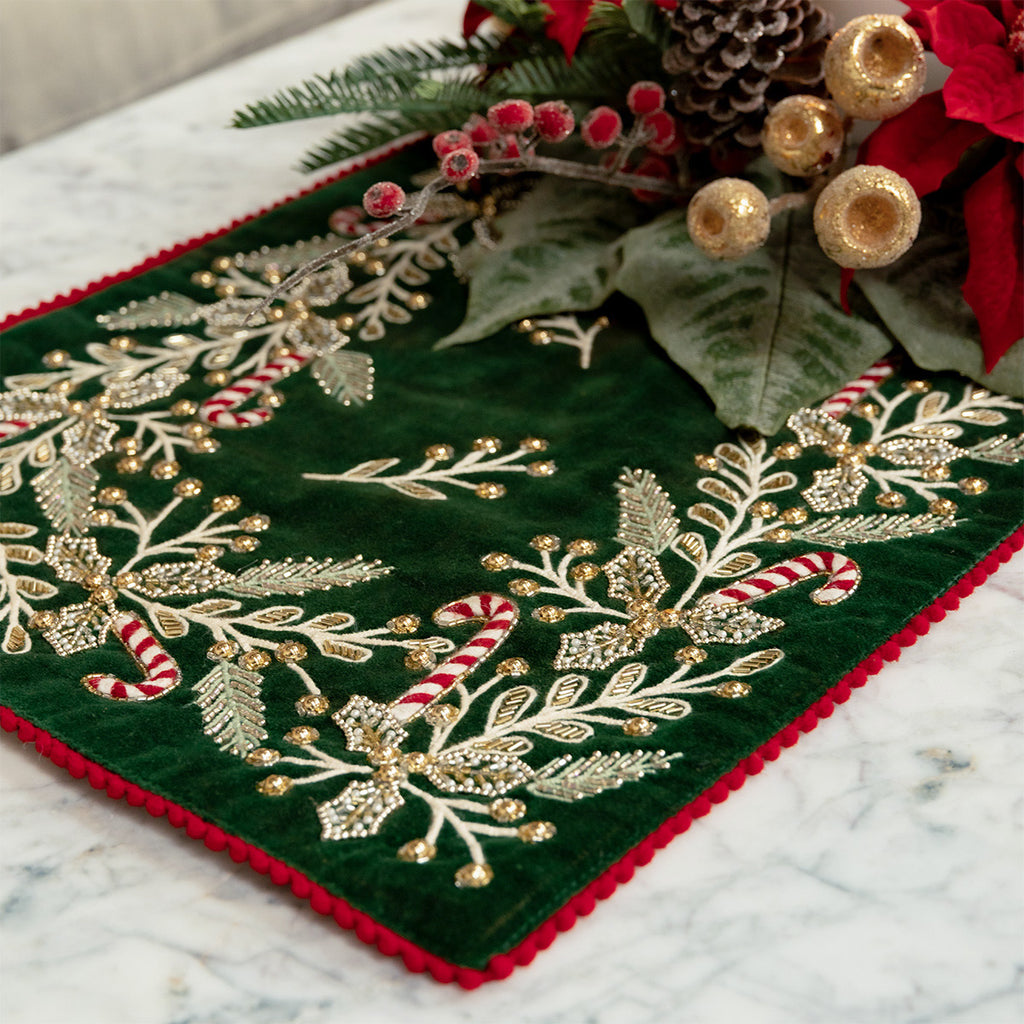 Holly & Candy Cane Velvet Table Runner Styled On Coffee Table