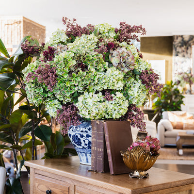 Hydrangea Bush Green Styled Shot on Blue Vase