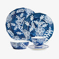 Indigo Bloom Blue & White Floral Dinnerware Group Show with Dinner and Dessert Plates, Bowl, and Tea Cup and Saucer