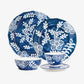 Indigo Bloom Blue & White Floral Dinnerware Group Show with Dinner and Dessert Plates, Bowl, and Tea Cup and Saucer