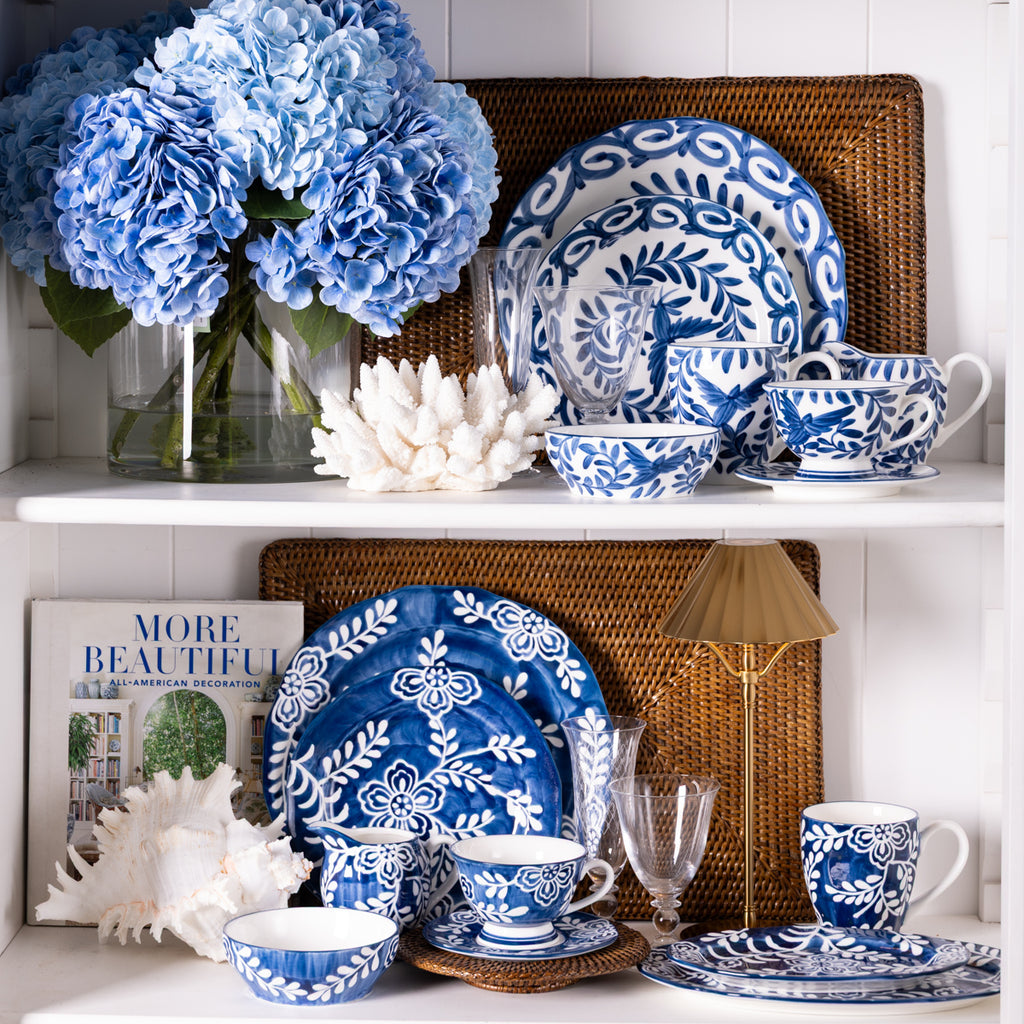 Indigo Bloom Floral Dinnerware Styled in Bookcase