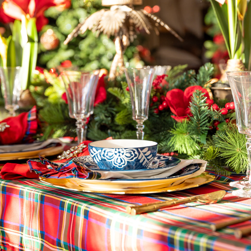 Indigo Bloom Floral Dinnerware Styled on Christmas Dining Table