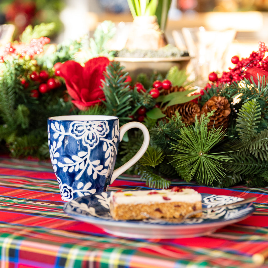 Indigo Bloom Floral Mug Styled on Table with Cake in Front