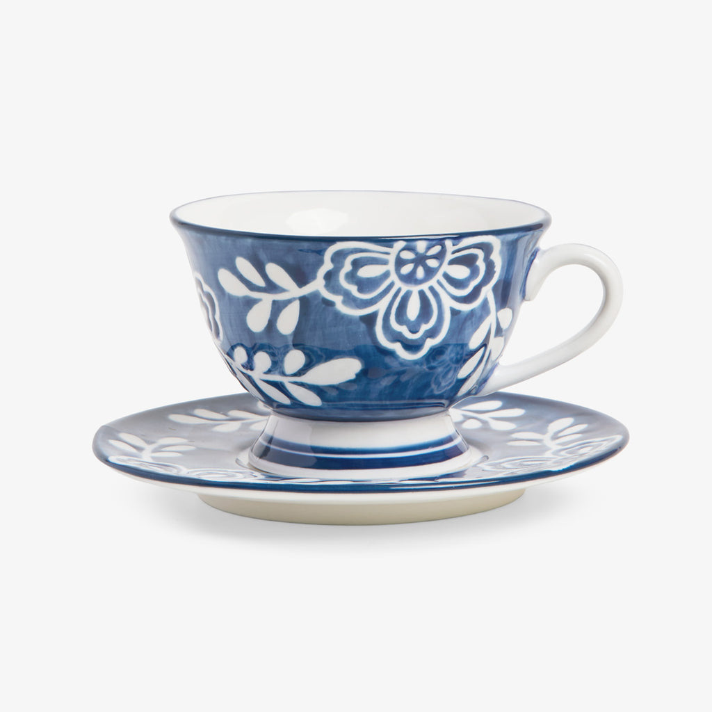 Indigo Bloom Blue & White Floral Tea Cup & Saucer Front View