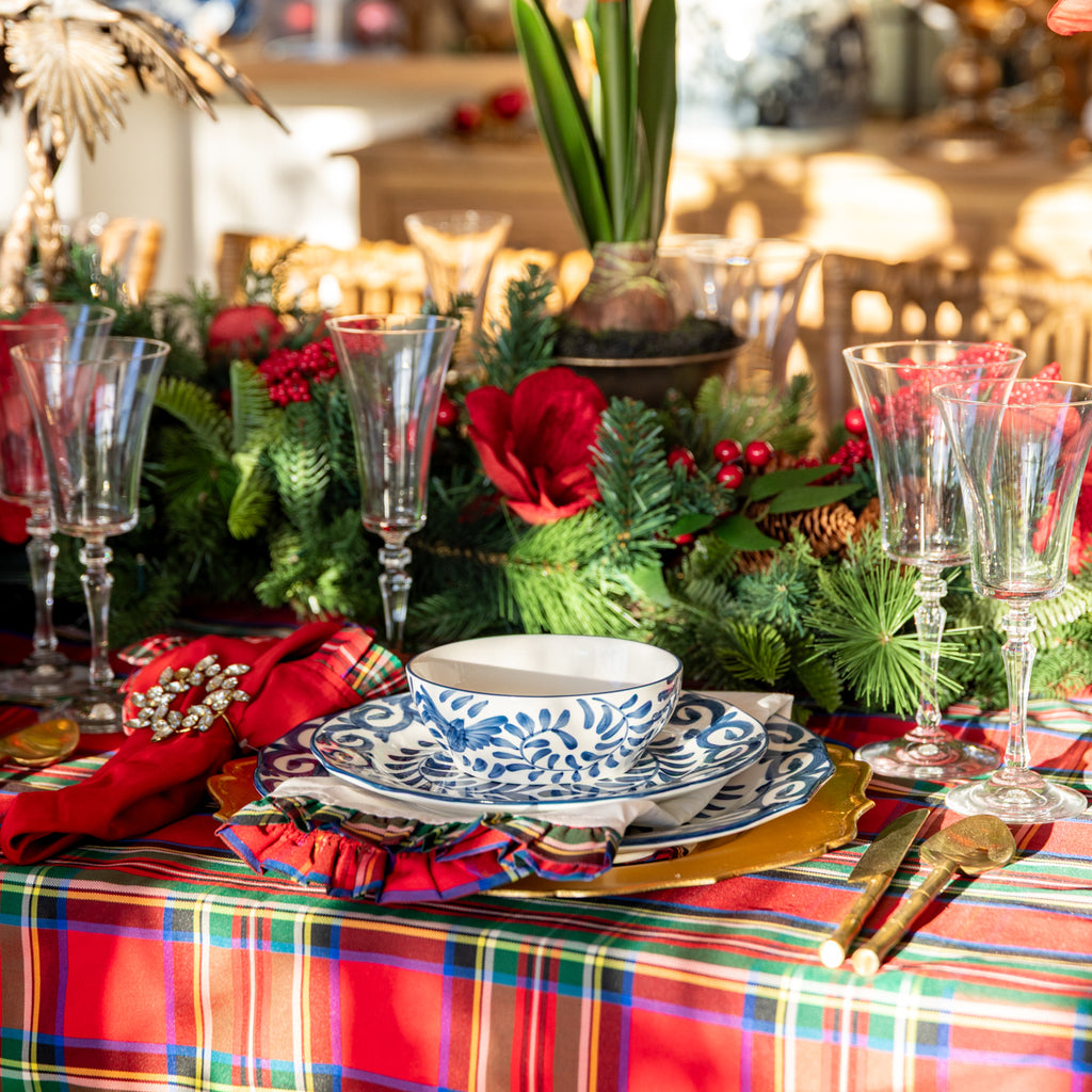 Indigo Sky Bird Dinnerware Styled on Christmas Dining Table