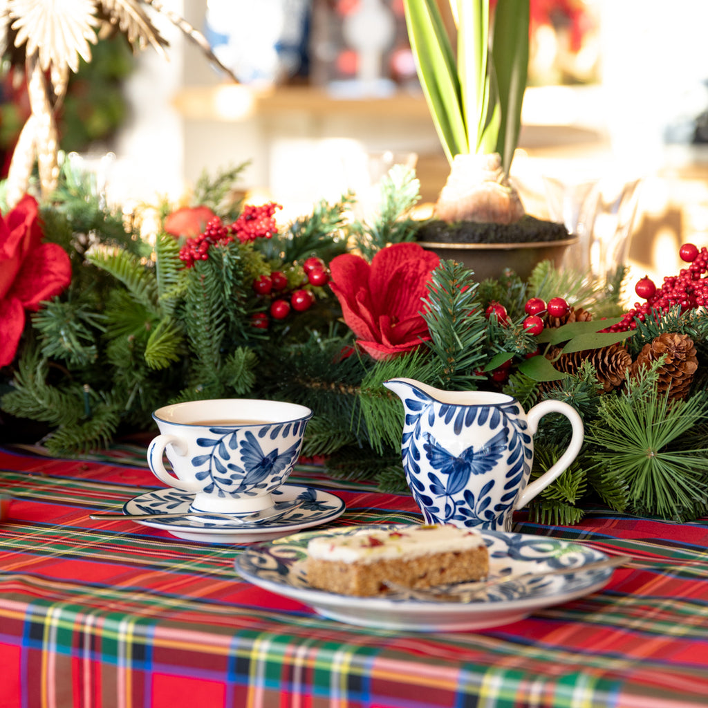 Indigo Sky Bird Jug Styled with Tea Cup and Saucer and Cake on Plate