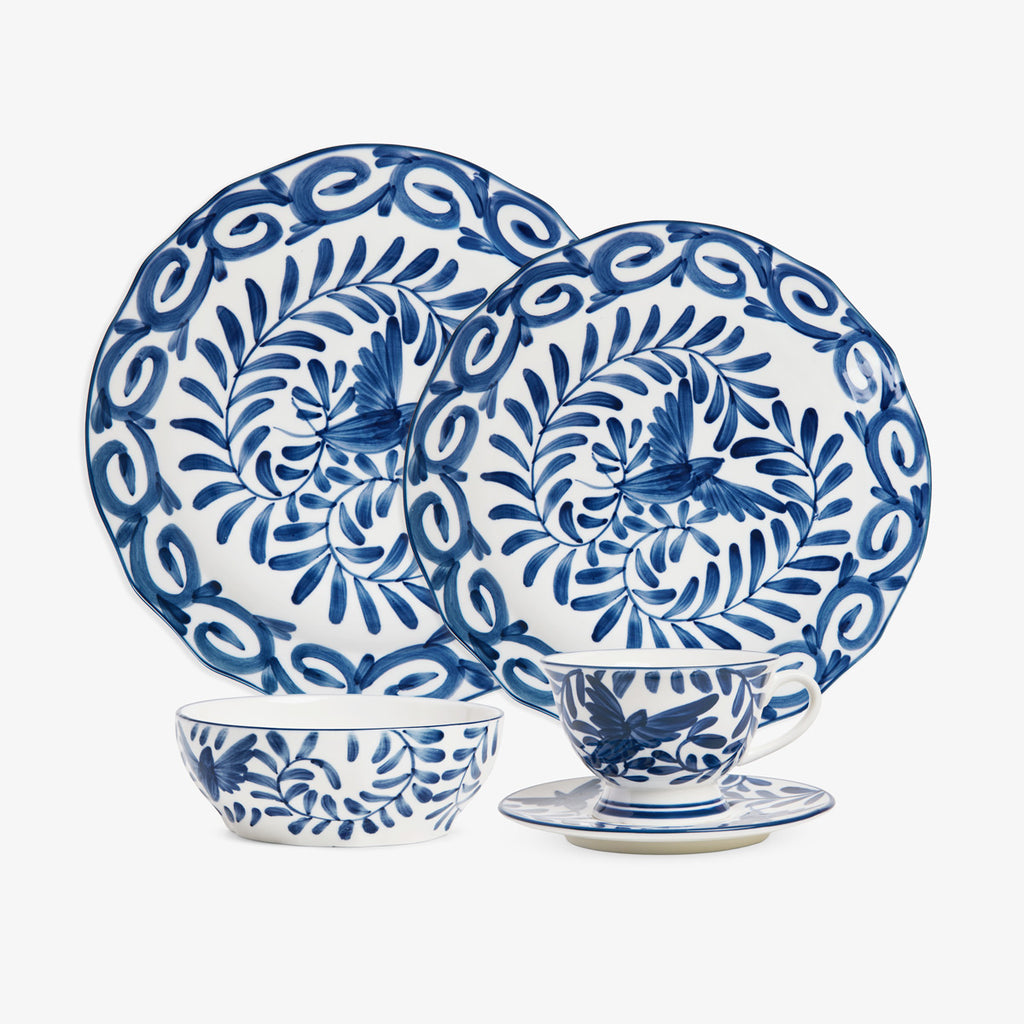 Indigo Sky Blue & White Bird Dinnerware Group Shot with Plates, Bowl, and Tea Cup and Saucer
