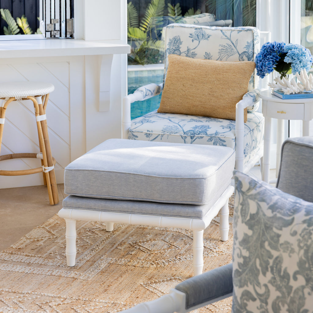 Indira Bamboo Ottoman (White & Duck Egg) Styled in Poolhouse with Armchair