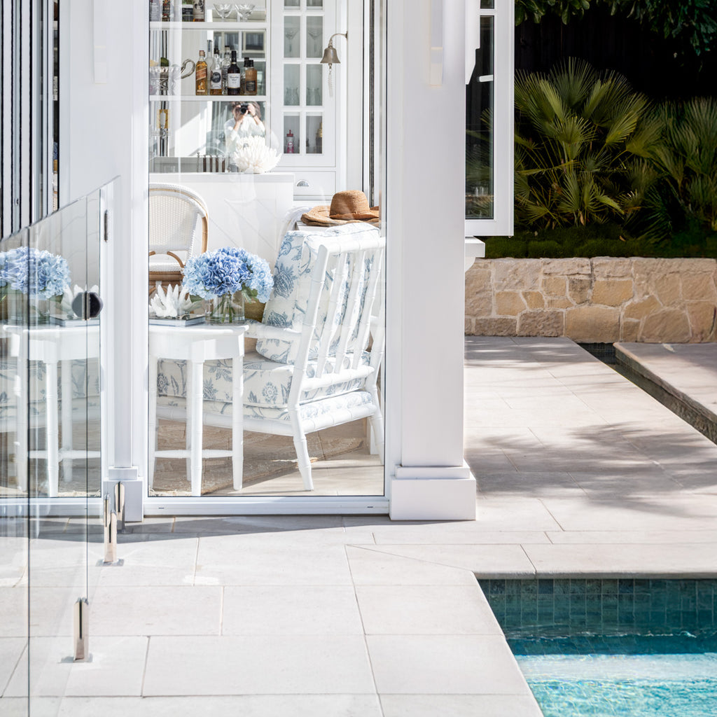 Indira White Bamboo Armchair (Spring Floral) Styled in Poolhouse Back view