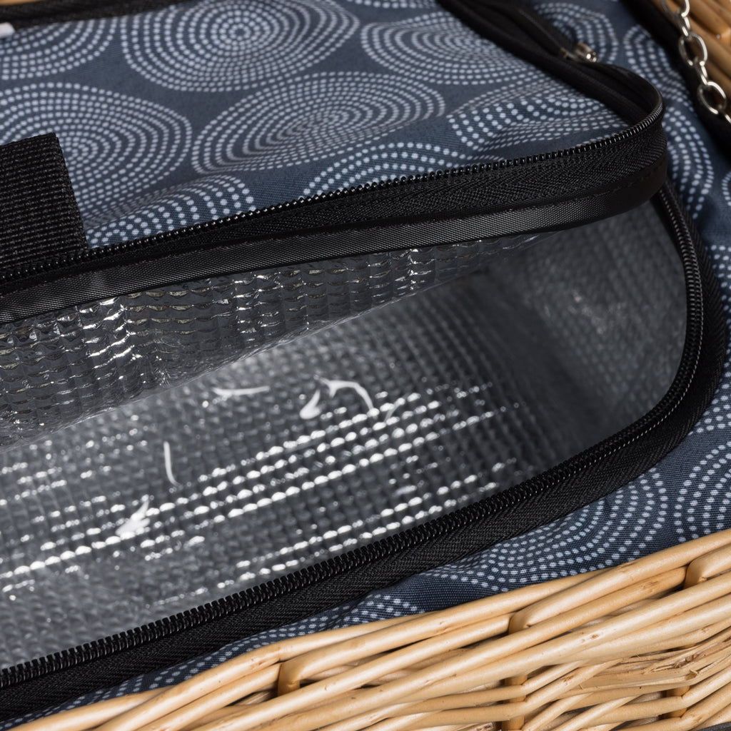 close up of insulated lining inside picnic basket