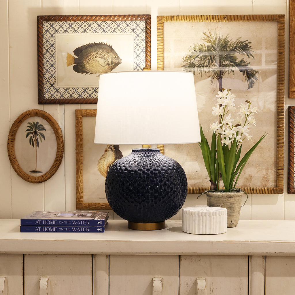Knit Ceramic Lamp Styled with Decor on Cabinet