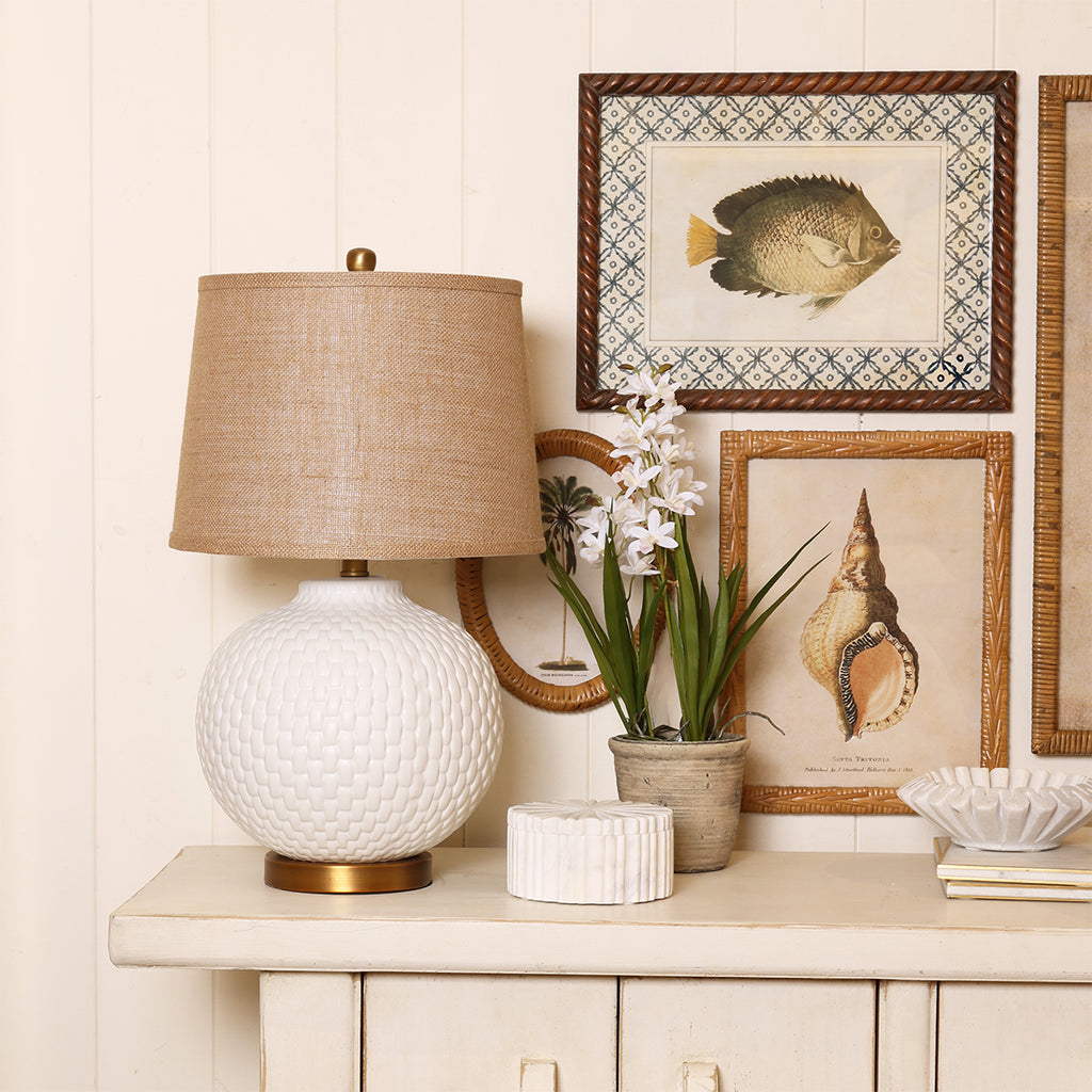 Knit Ceramic lamp Styled on Cabinet with Decor