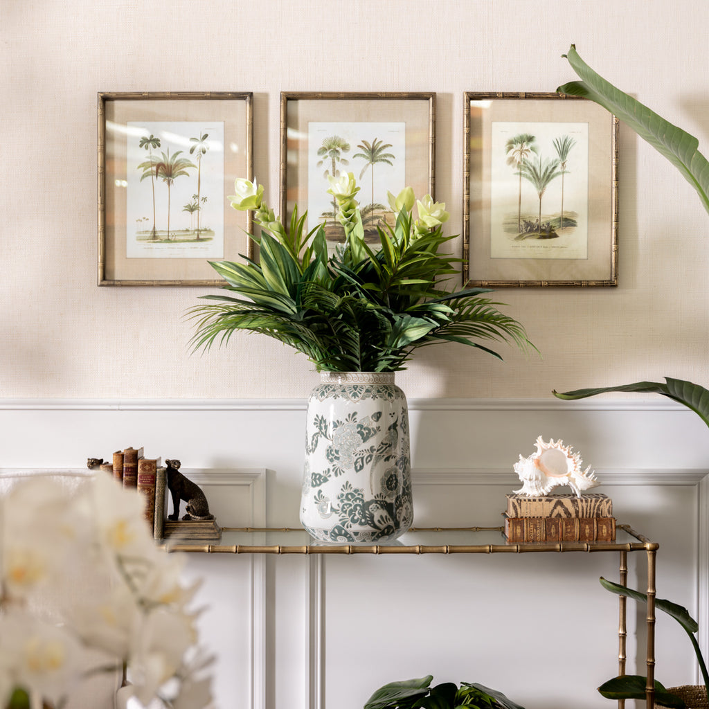 Lauren Green Ceramic Floral Vase Styled on Console with Plants inside