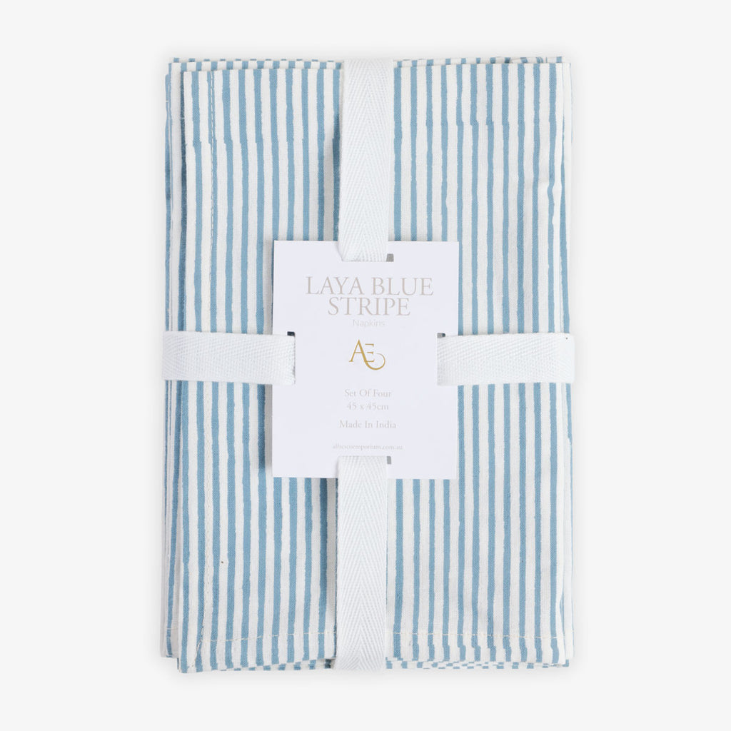 Laya Blue Narrow Stripe Napkins (Set of 4) Front View of Set