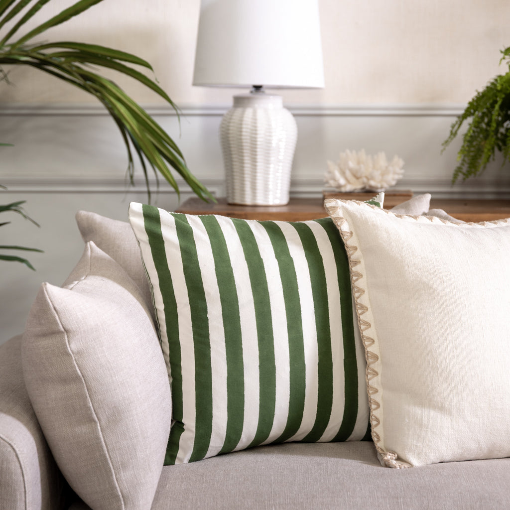 Laya Sage Stripe Cushion Cover Styled on Sofa