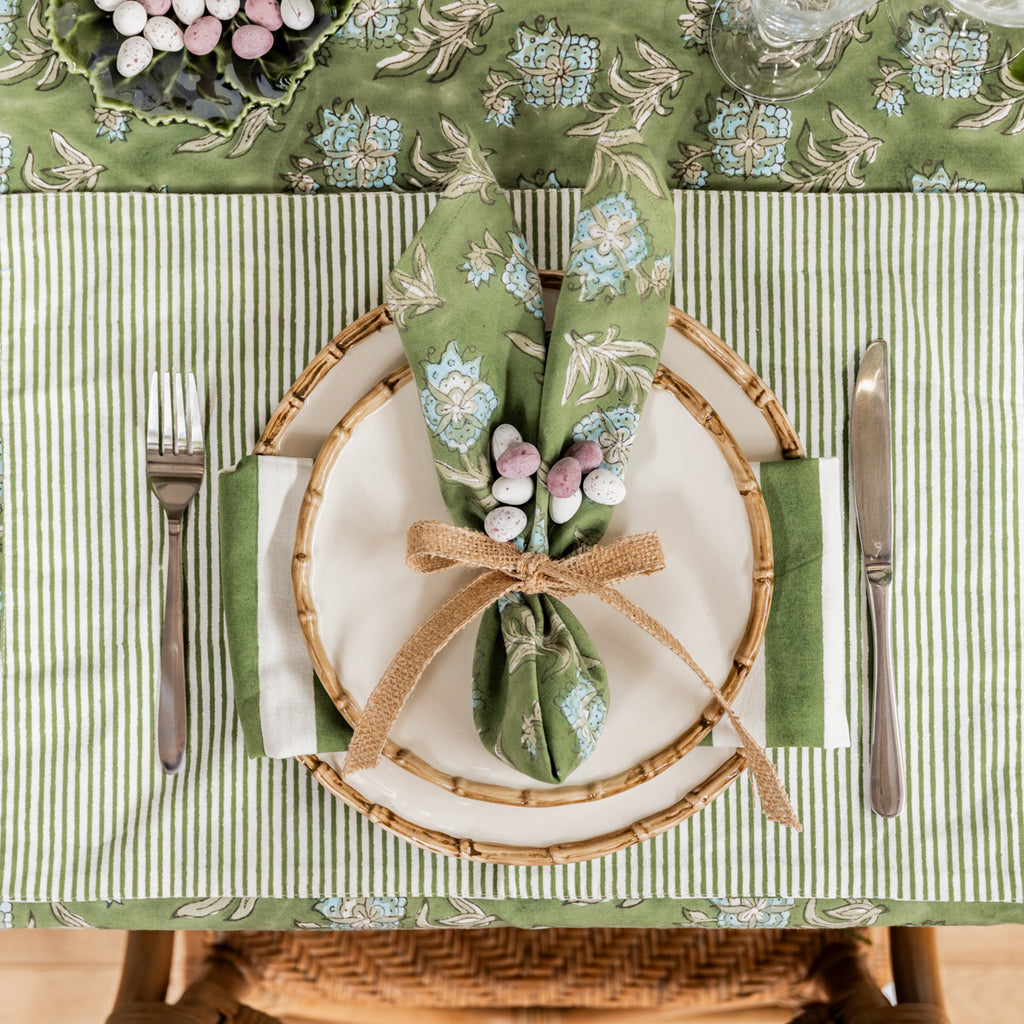 Laya Sage Stripe Double Sided Placemat (Set of 4) Styled on Easter Table with Laya Floral Napery and Bamboo Dinnerware