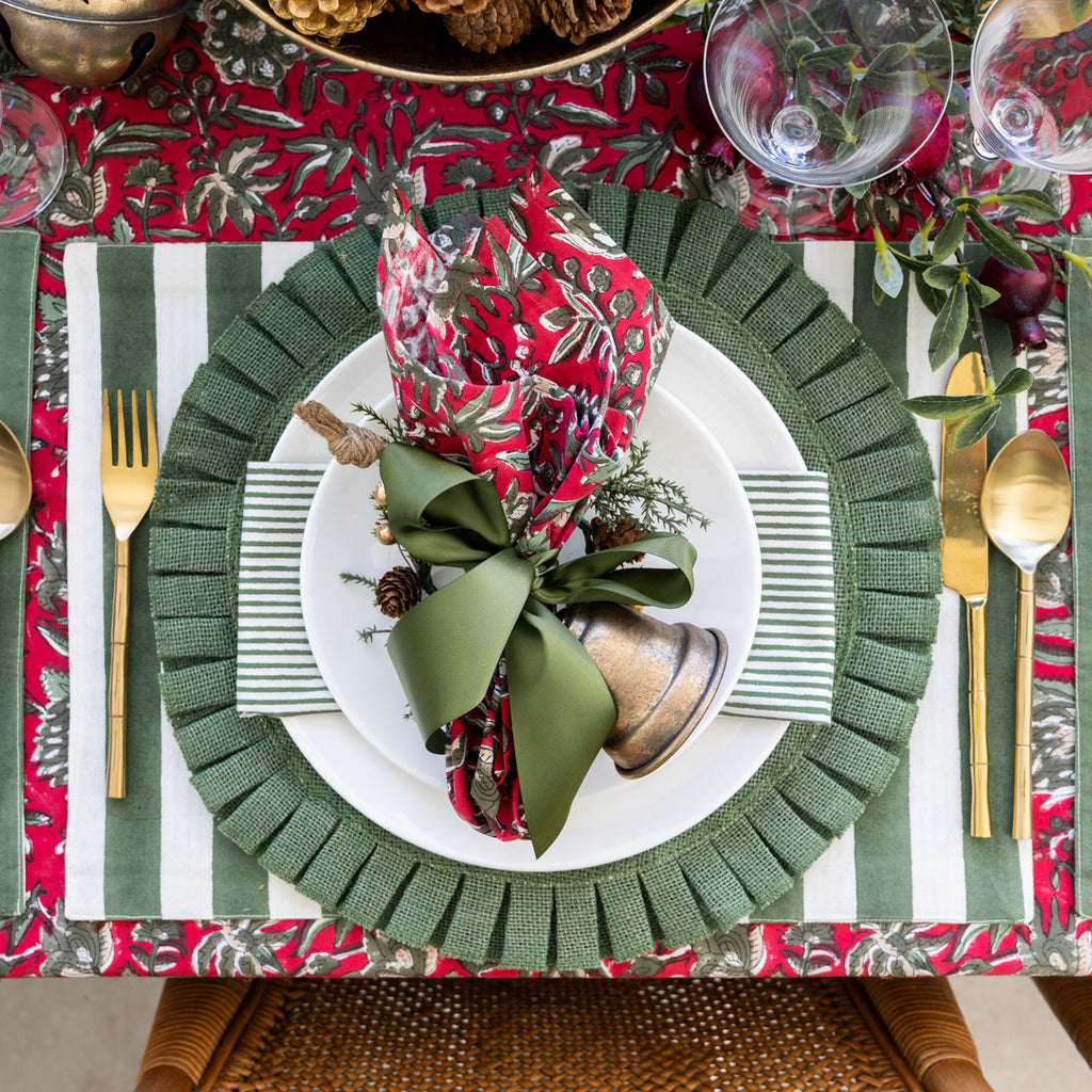 Laya Sage Stripe Double Sided Placemat (Set of 4) Styled with Christmas Place Setting