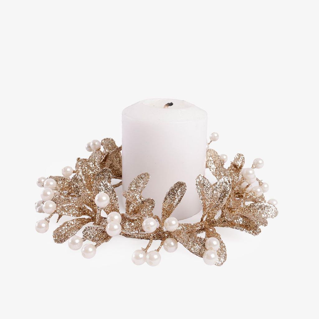 Leaf & Pearl Candle Ring 11cm With Candle