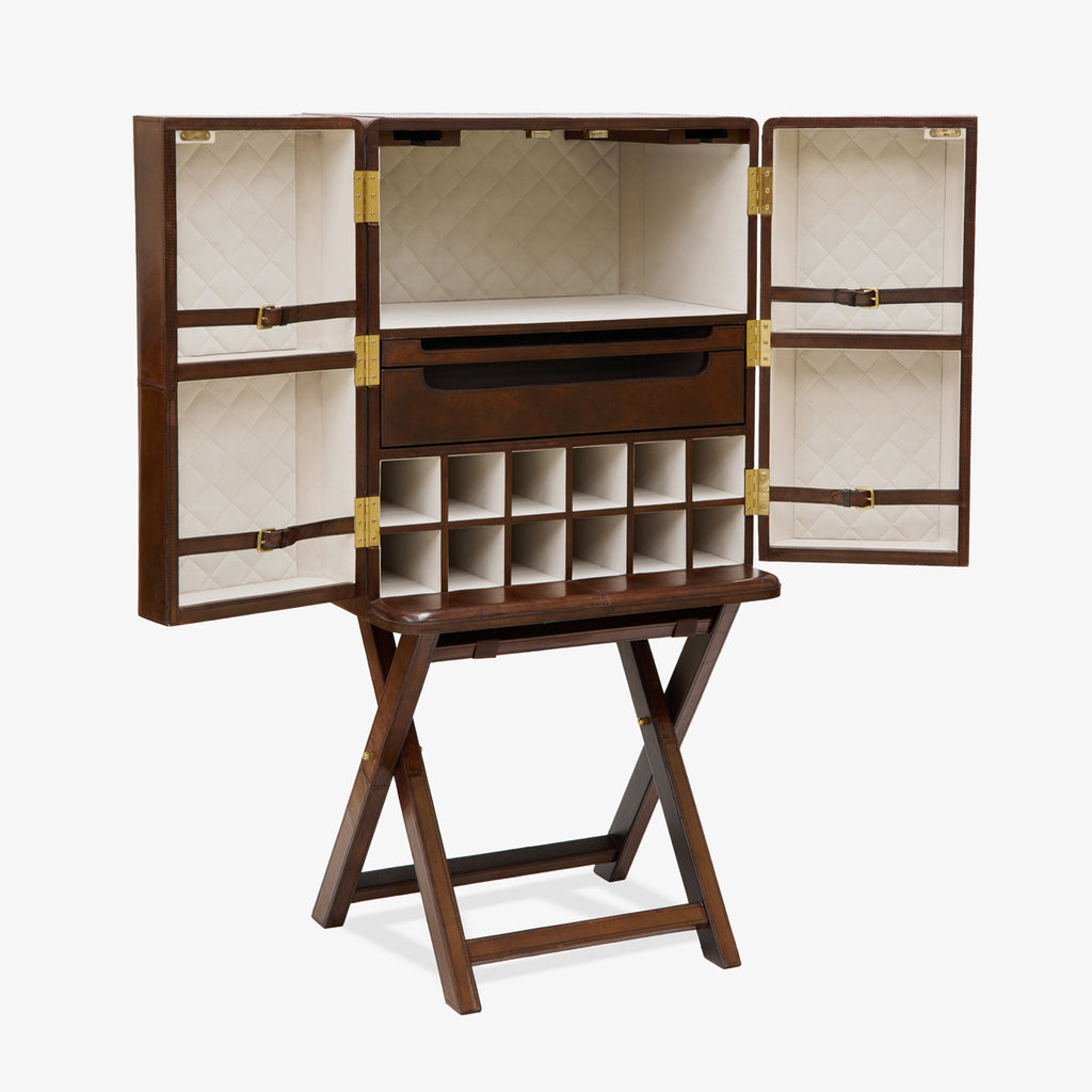 Leather Bar Cart Stand with Gold Handle Open