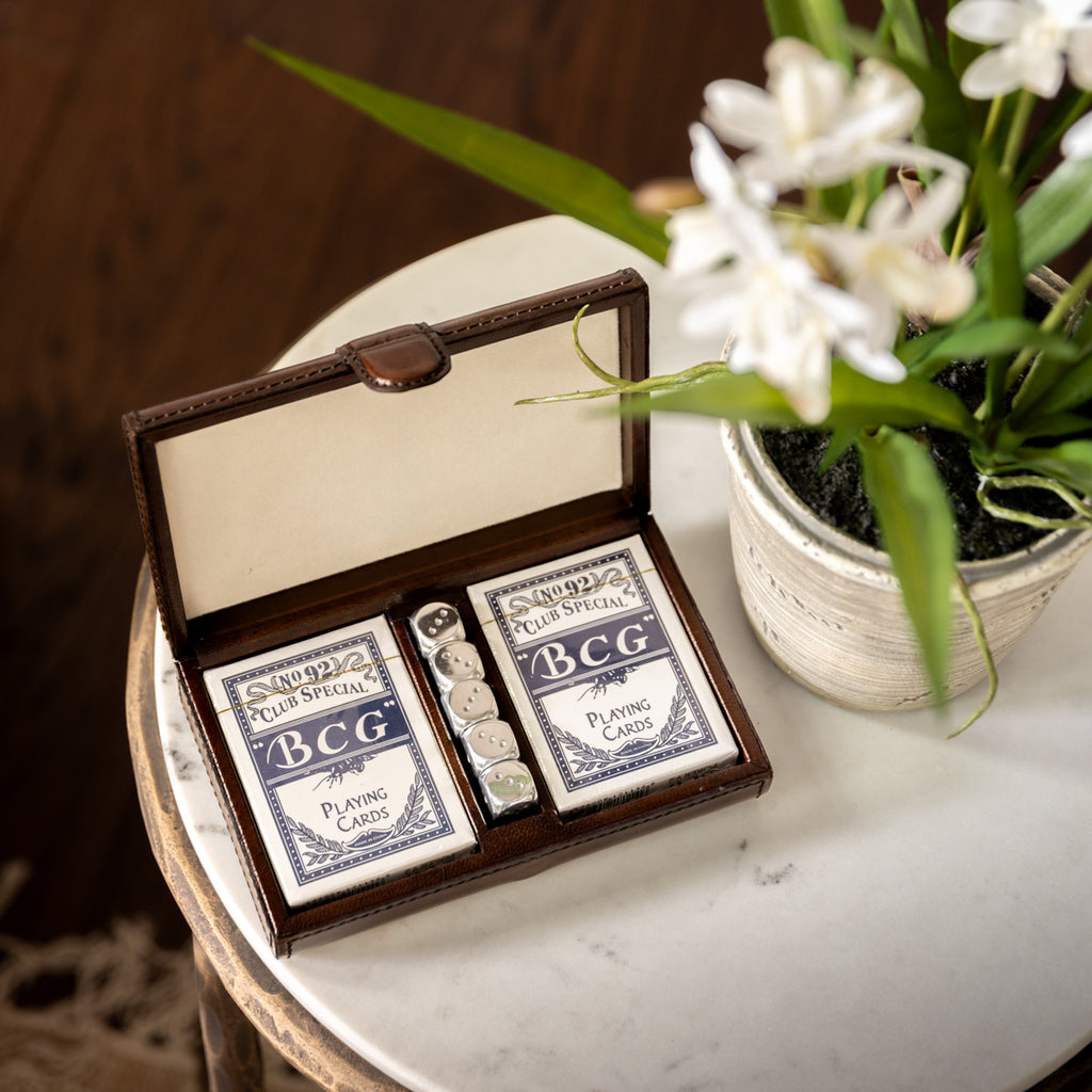 Leather Playing Card Set Styled on Side Table