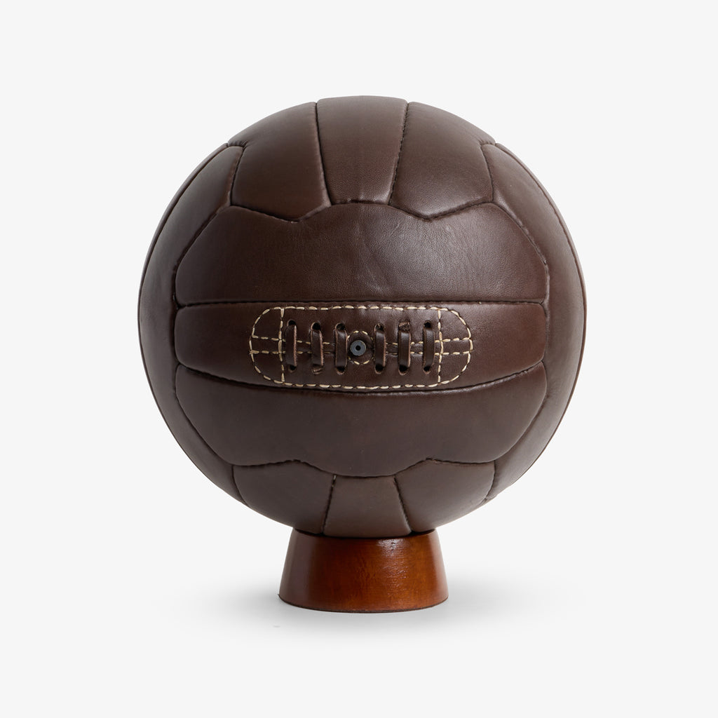 Leather Soccer Ball (Dark Brown) Front View on Stand