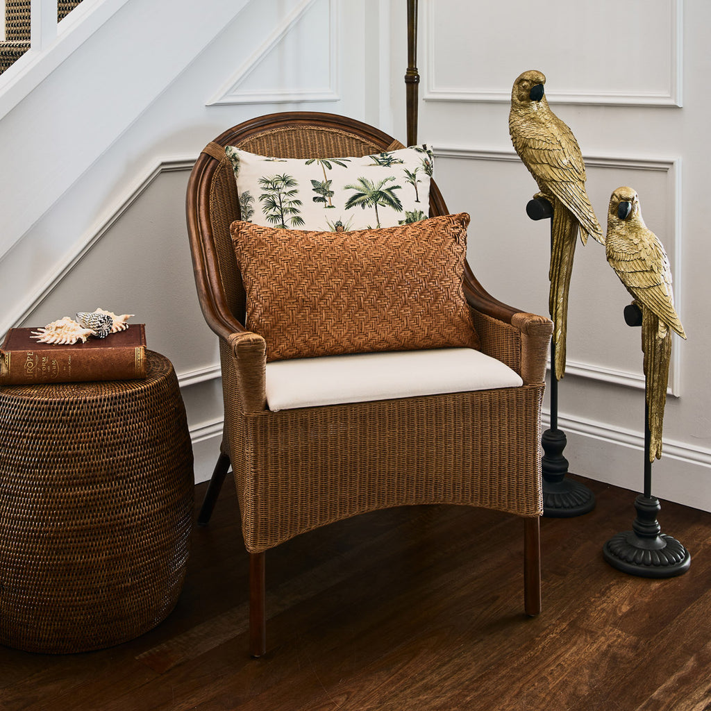 Leather Woven Cushion Cover Tan Rectangular Styled On Rattan Chair