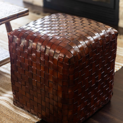 Leather Woven Ottoman on a rug