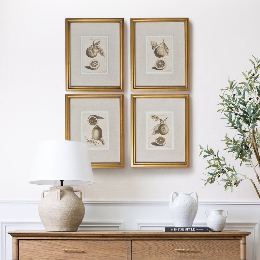 Lemons In Gold Frame (Print D) Styled Above Chest with Lamp and Urns