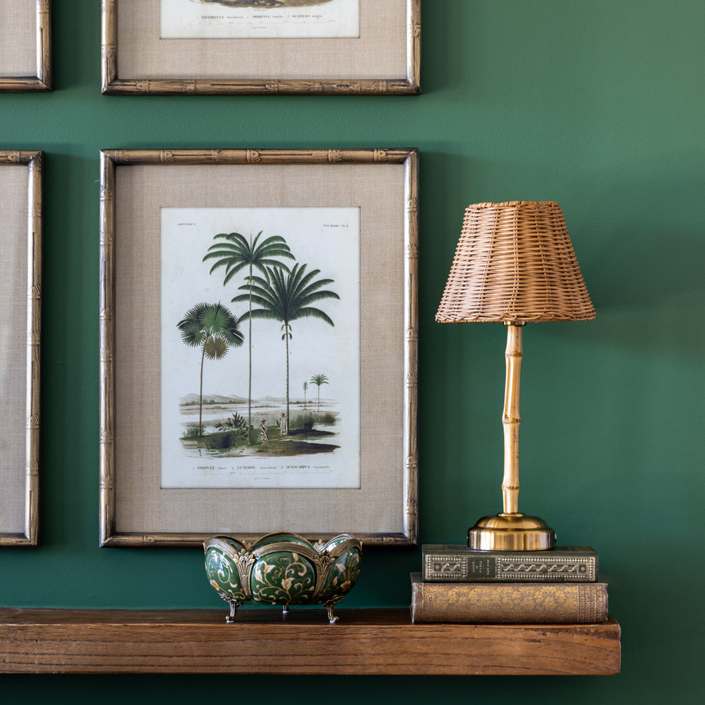 Bamboo & Rattan Cordless Touch Lamps (Light Brown) Styled on Mantle with Palm Print and Books