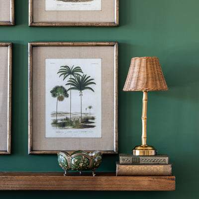 Bamboo & Rattan Cordless Touch Lamps (Light Brown) Styled on Mantle with Palm Print and Books