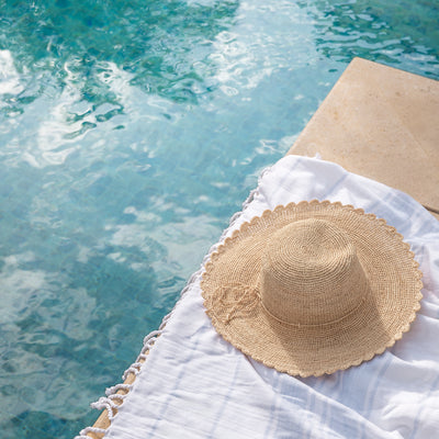 Madagascar Raffia Crochet Scallop Hat Natural Styled Next to Pool