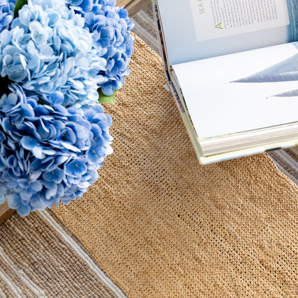 Madagascar Raffia Crochet Table Runner Natural Styled on Table with Book