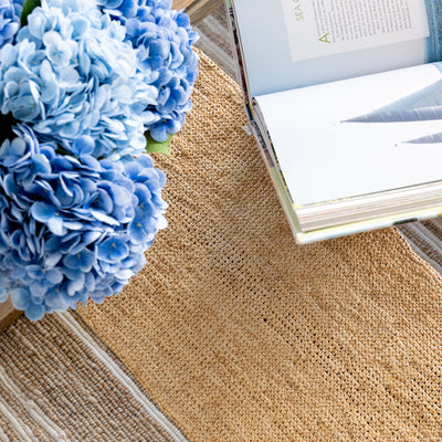 Madagascar Raffia Crochet Table Runner Natural Styled on Table with Book