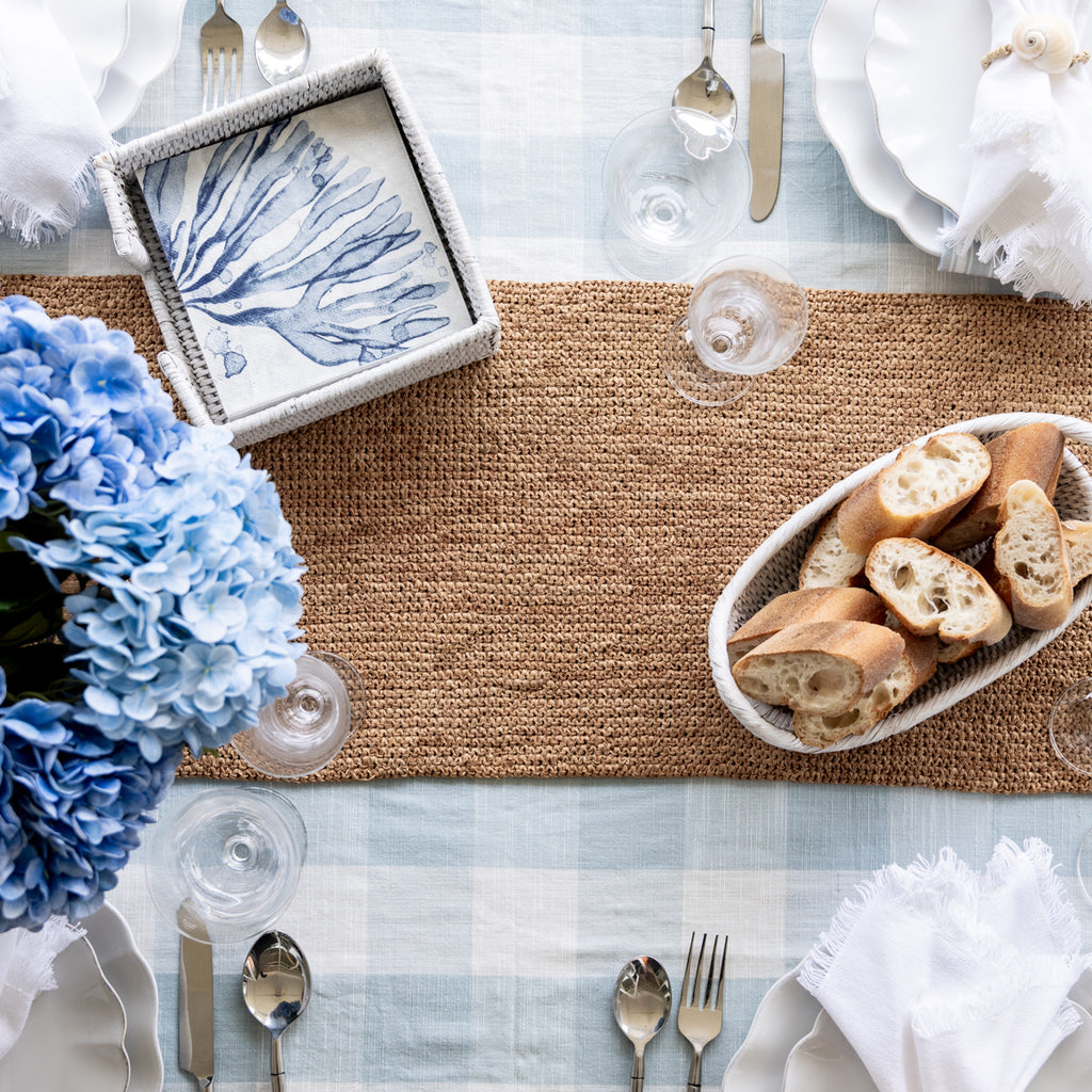 Madagascar Raffia Crochet Table Runner Tea Styled on Table with Bread and Napkins