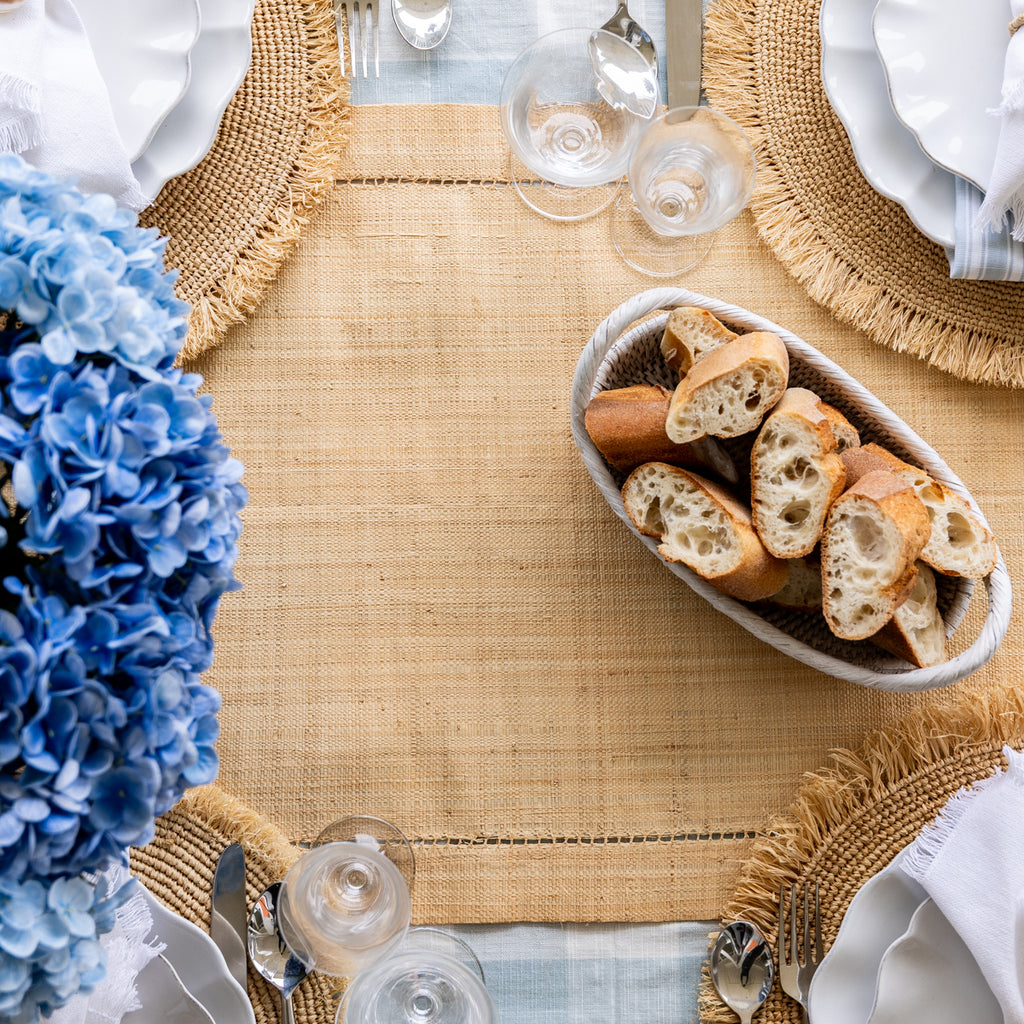 Madagascar Raffia Table Runner Natural Styled on Table with Bread and Flowers