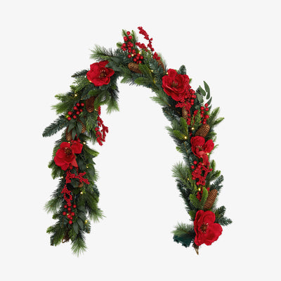 Red Magnolia garland with Lights 180cm Front View