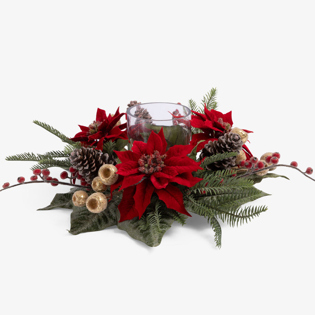 Magnolia & Poinsettia Glass Candle Holder (Red)