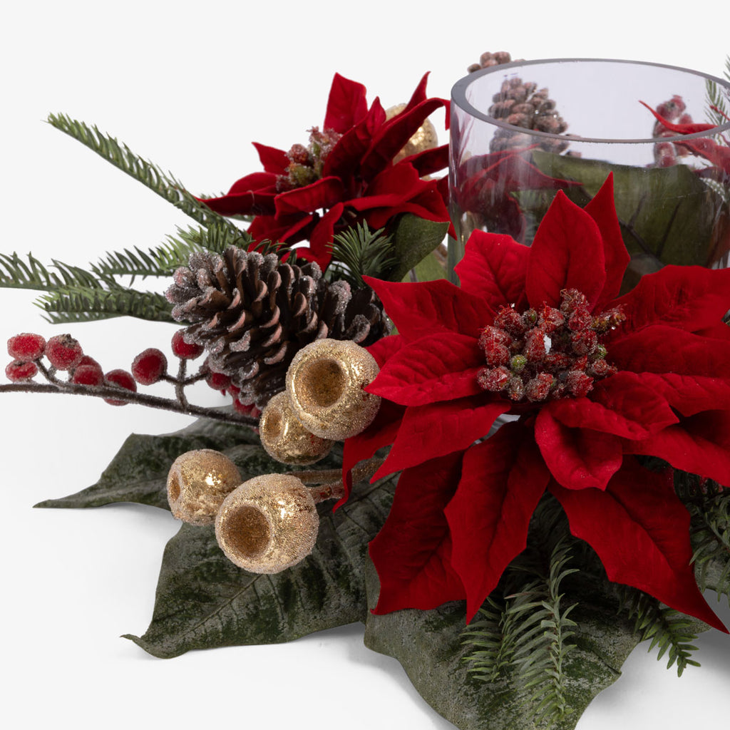 Magnolia & Poinsettia Glass Candle Holder (Red) Close Up