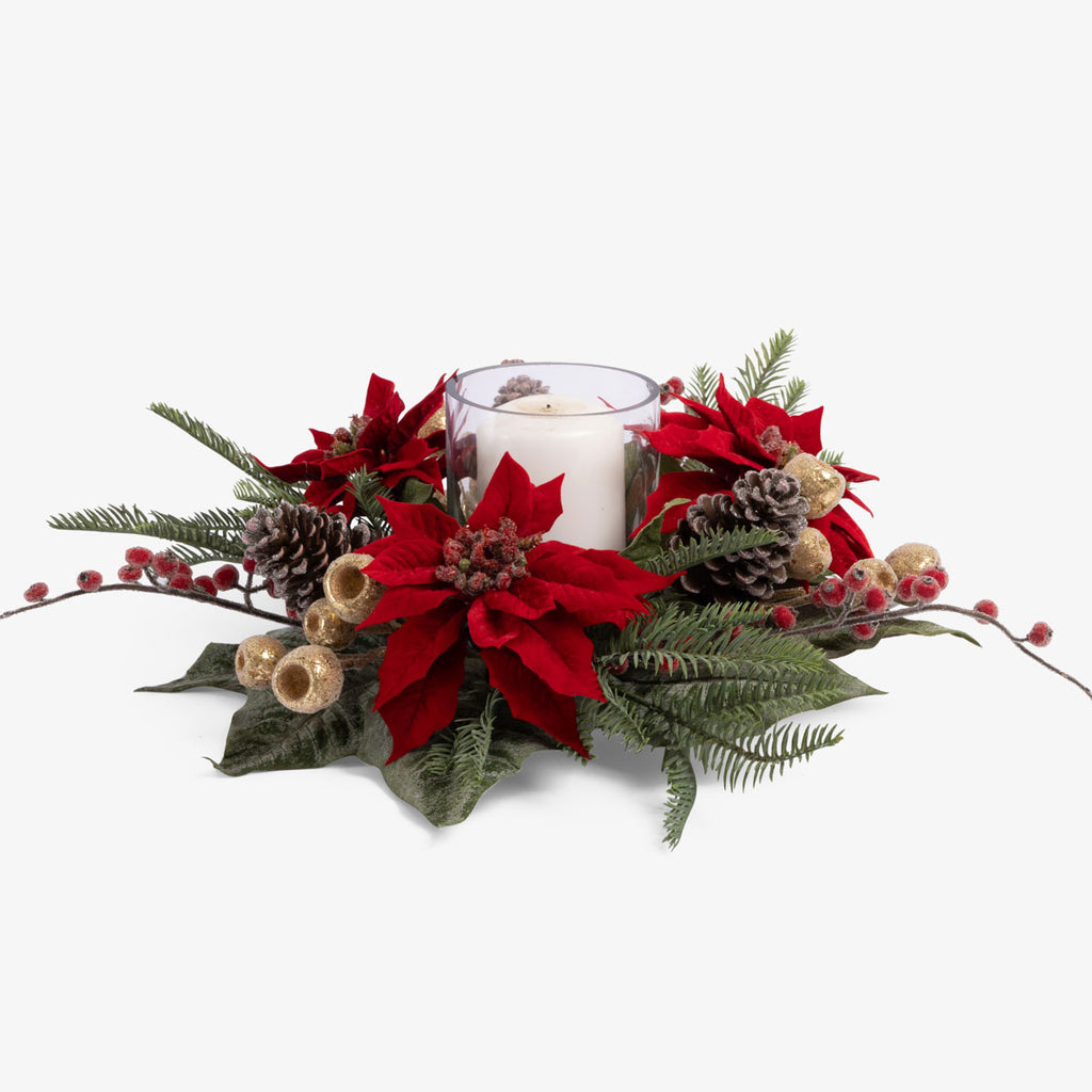 Magnolia & Poinsettia Glass Candle Holder (Red) With Candle