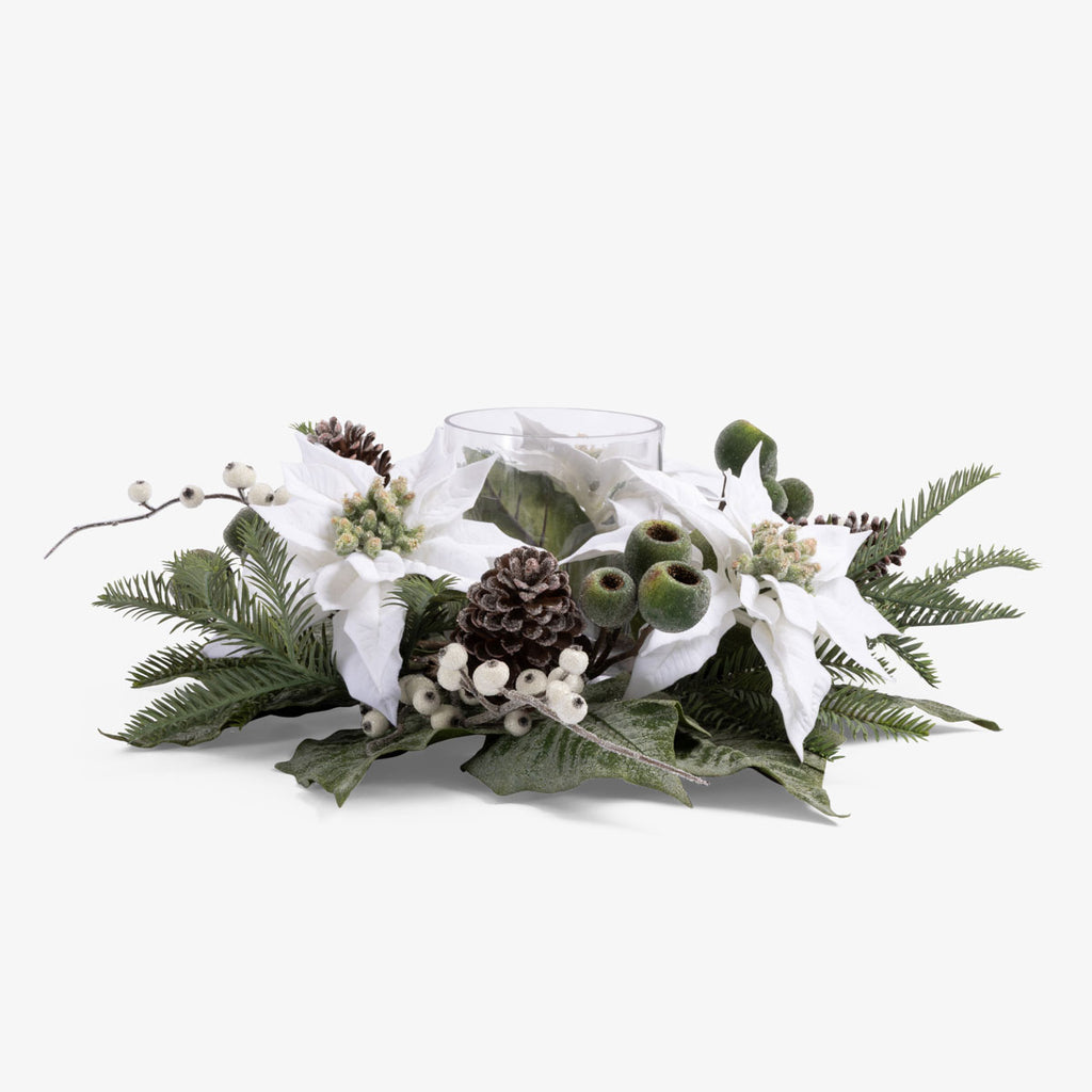 Magnolia & Poinsettia Glass Candle Holder (White)