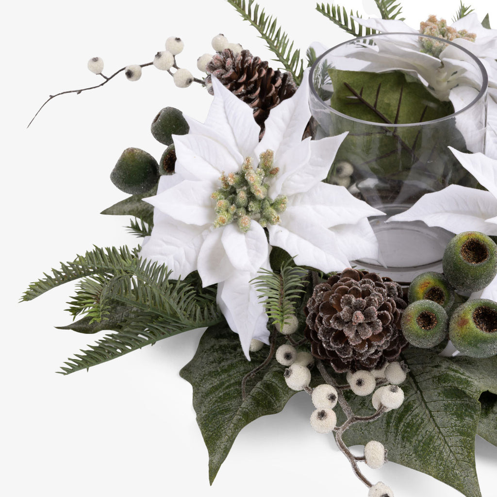 Magnolia & Poinsettia Glass Candle Holder (White) Close Up