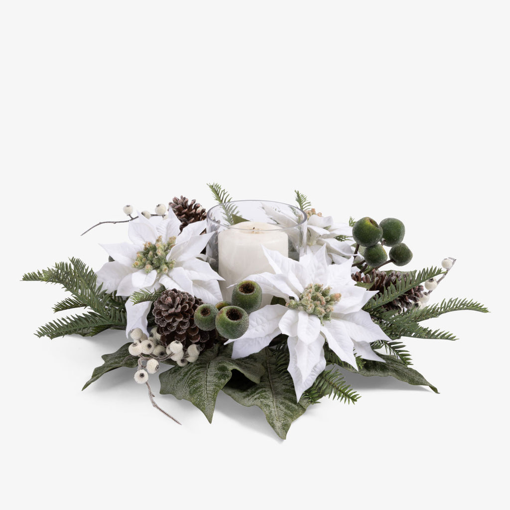 Magnolia & Poinsettia Glass Candle Holder (White) With Candle