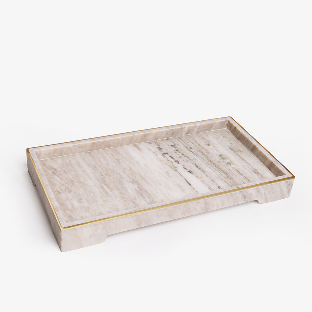 A rectangular marble tray with a light beige and white marbled pattern and a thin gold metal trim along the edges, shown on a clean white background.