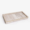 A rectangular marble tray with a light beige and white marbled pattern and a thin gold metal trim along the edges, shown on a clean white background.