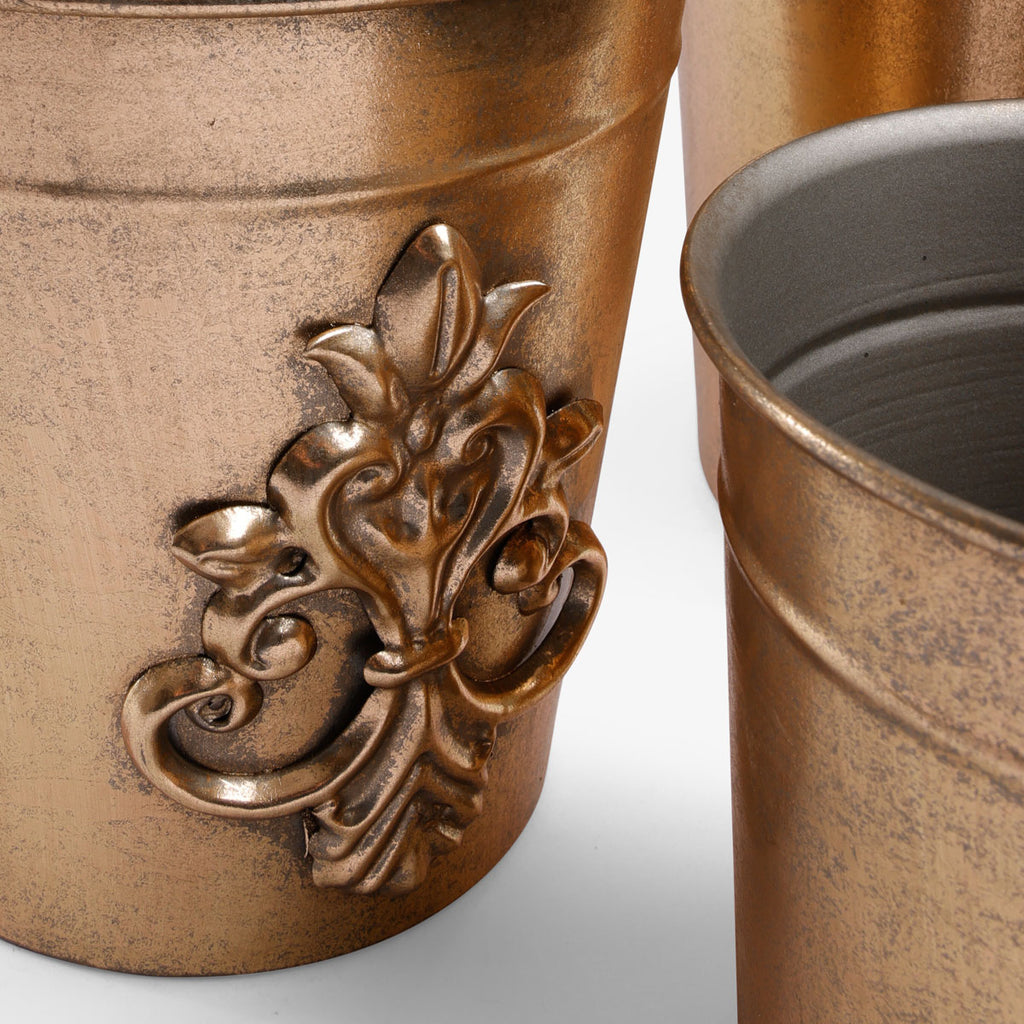 Medallion Gold Metal Planters Close Up